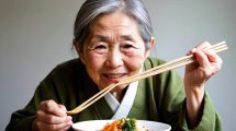 Persona anciana de origen japones come alimentos saludables