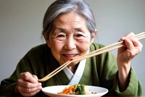 Persona anciana de origen japones come alimentos saludables