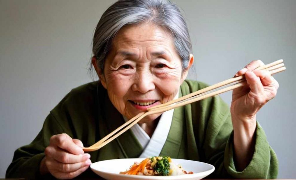 Persona anciana de origen japones come alimentos saludables