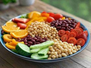 Un plato saludable con frutas, vegetales y legumbres, representando una dieta balanceada.