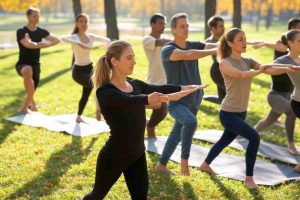 Personas caminando en un parque o practicando yoga al aire libre.