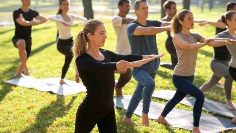 Personas caminando en un parque o practicando yoga al aire libre.
