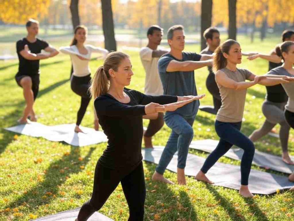 Personas caminando en un parque o practicando yoga al aire libre.