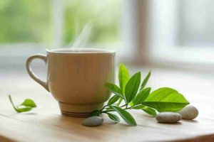 Una taza de té verde humeante en un fondo minimalista y limpio, rodeada de hojas frescas de té, con un toque de naturaleza como piedras suaves o madera natural. La imagen transmite bienestar, salud y relajación, con un ambiente luminoso y colores verdes predominantes. Ideal para ilustrar un artículo sobre los beneficios del té para la pérdida de peso