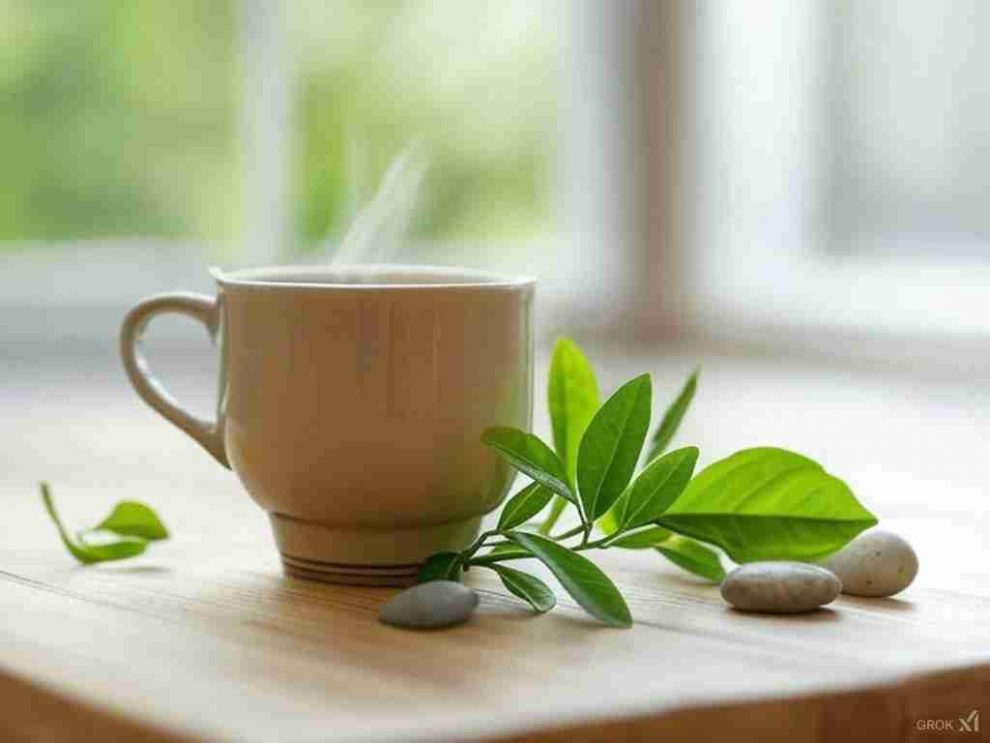 Una taza de té verde humeante en un fondo minimalista y limpio, rodeada de hojas frescas de té, con un toque de naturaleza como piedras suaves o madera natural. La imagen transmite bienestar, salud y relajación, con un ambiente luminoso y colores verdes predominantes. Ideal para ilustrar un artículo sobre los beneficios del té para la pérdida de peso