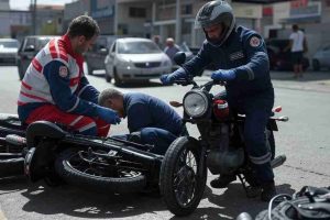 Una escena de un accidente de motocicleta en una avenida urbana de Maracay en plena luz del día. Se observa una motocicleta caída en el pavimento cerca de una estación de servicio, con un hombre herido siendo auxiliado por un paramédico con uniforme de emergencia. En el fondo, se ven vehículos detenidos y transeúntes observando la escena. La imagen transmite urgencia y asistencia médica inmediata en un entorno realista y noticioso.