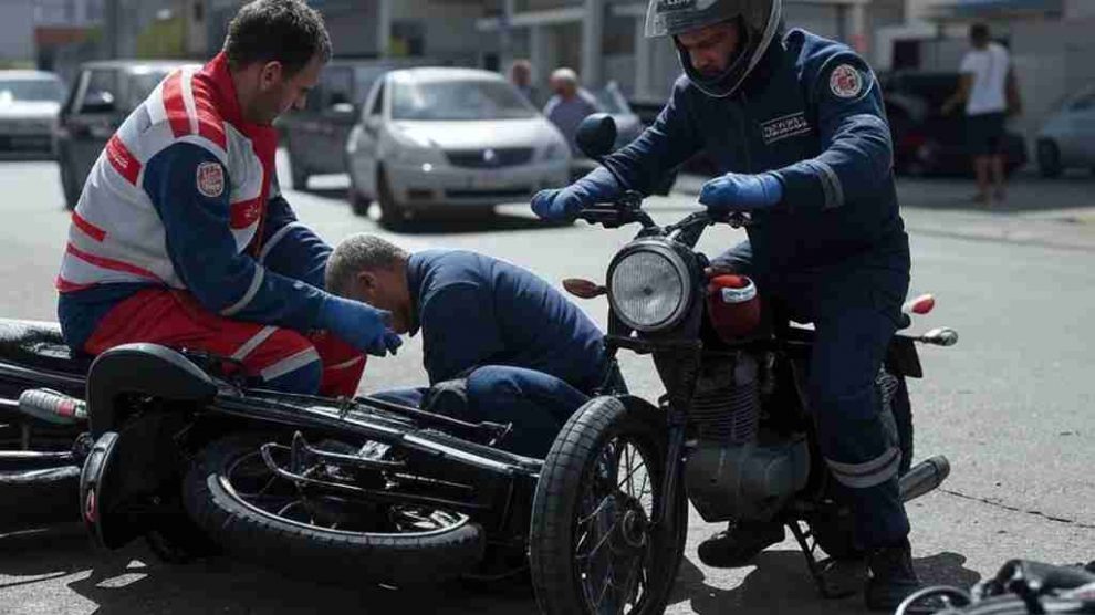 Una escena de un accidente de motocicleta en una avenida urbana de Maracay en plena luz del día. Se observa una motocicleta caída en el pavimento cerca de una estación de servicio, con un hombre herido siendo auxiliado por un paramédico con uniforme de emergencia. En el fondo, se ven vehículos detenidos y transeúntes observando la escena. La imagen transmite urgencia y asistencia médica inmediata en un entorno realista y noticioso.