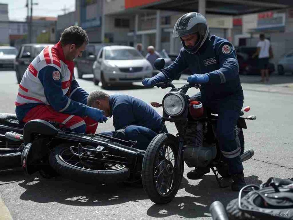 Una escena de un accidente de motocicleta en una avenida urbana de Maracay en plena luz del día. Se observa una motocicleta caída en el pavimento cerca de una estación de servicio, con un hombre herido siendo auxiliado por un paramédico con uniforme de emergencia. En el fondo, se ven vehículos detenidos y transeúntes observando la escena. La imagen transmite urgencia y asistencia médica inmediata en un entorno realista y noticioso.