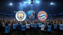 Una imagen vibrante de la UEFA Champions League, con un estadio iluminado y una multitud de fanáticos animando. En el centro, los escudos de equipos como Manchester City, PSG, Real Madrid y Bayern Múnich, simbolizando los equipos que disputarán los playoffs eliminatorios. En la parte superior, el trofeo de la Champions brilla, representando el objetivo final de la competición. El diseño debe transmitir emoción, intensidad y la importancia de esta fase decisiva del torneo.