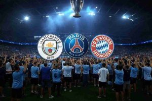 Una imagen vibrante de la UEFA Champions League, con un estadio iluminado y una multitud de fanáticos animando. En el centro, los escudos de equipos como Manchester City, PSG, Real Madrid y Bayern Múnich, simbolizando los equipos que disputarán los playoffs eliminatorios. En la parte superior, el trofeo de la Champions brilla, representando el objetivo final de la competición. El diseño debe transmitir emoción, intensidad y la importancia de esta fase decisiva del torneo.