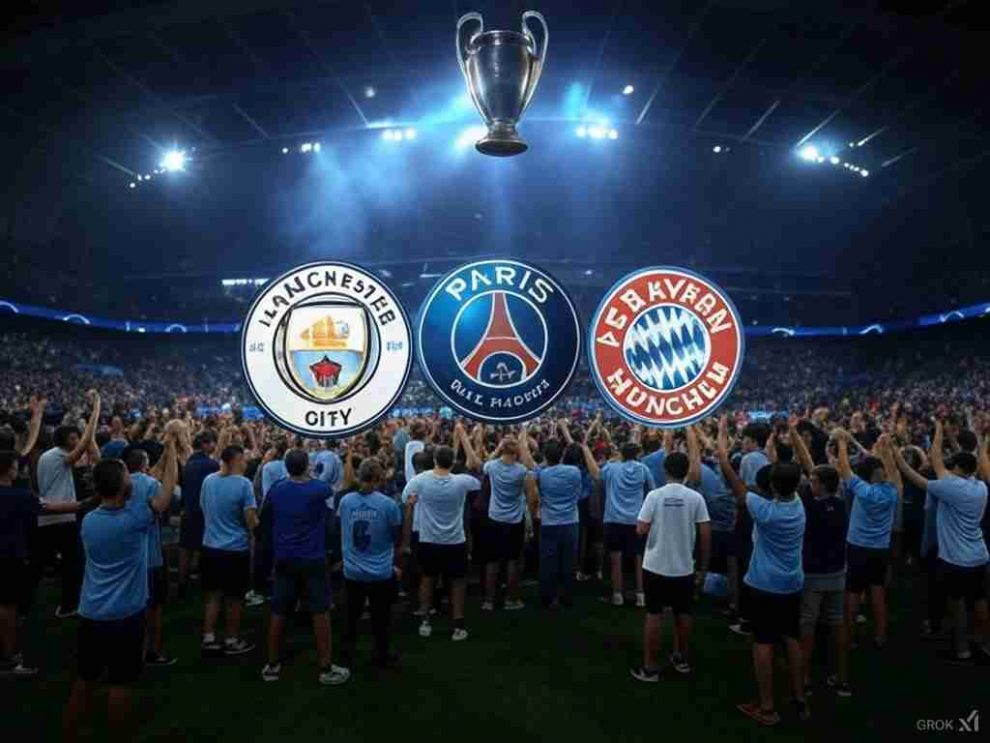 Una imagen vibrante de la UEFA Champions League, con un estadio iluminado y una multitud de fanáticos animando. En el centro, los escudos de equipos como Manchester City, PSG, Real Madrid y Bayern Múnich, simbolizando los equipos que disputarán los playoffs eliminatorios. En la parte superior, el trofeo de la Champions brilla, representando el objetivo final de la competición. El diseño debe transmitir emoción, intensidad y la importancia de esta fase decisiva del torneo.