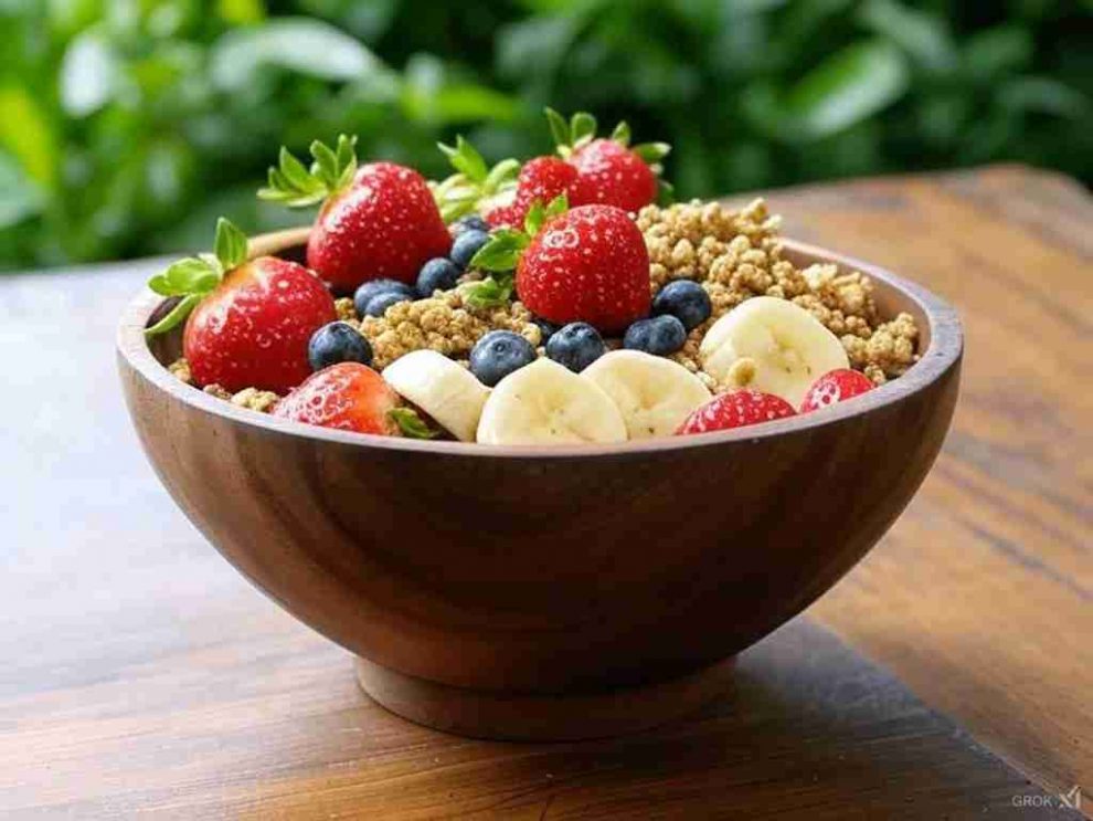 Una imagen vibrante y atractiva de un açai bowl servido en un tazón rústico de madera, decorado con frutas frescas como fresas, plátano, arándanos y granola. El fondo muestra un ambiente natural con hojas verdes, evocando la selva amazónica. Los colores deben ser intensos y llamativos, resaltando el morado profundo del açai. La imagen debe transmitir salud, frescura y energía, ideal para una publicación sobre los beneficios de este súper alimento.