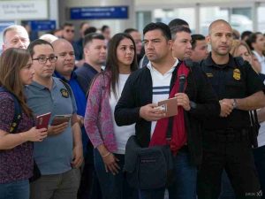 Una imagen realista del Aeropuerto Internacional de Miami, con largas filas de pasajeros en el área de control migratorio. Agentes de inmigración de EE.UU. revisan pasaportes y entrevistan a viajeros, destacando a personas con maletas y expresiones de preocupación. El ambiente debe reflejar un aumento en los controles de seguridad, con señalización visible que indique “US Customs & Border Protection”. La imagen transmite la tensión y la rigurosidad de los nuevos filtros migratorios para colombianos.