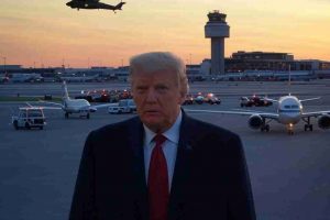 Una imagen dramática del Aeropuerto Nacional Ronald Reagan en Washington D.C., con una torre de control en el fondo y un avión de American Eagle en la pista. En el cielo, un helicóptero Black Hawk se muestra en una trayectoria descendente, sugiriendo el momento previo al accidente. La escena debe reflejar tensión y urgencia, con luces de emergencia en la pista y vehículos de rescate en movimiento. En la parte inferior, una representación de Donald Trump con un gesto serio, destacando su crítica a la gestión de la Torre de Control en la tragedia.