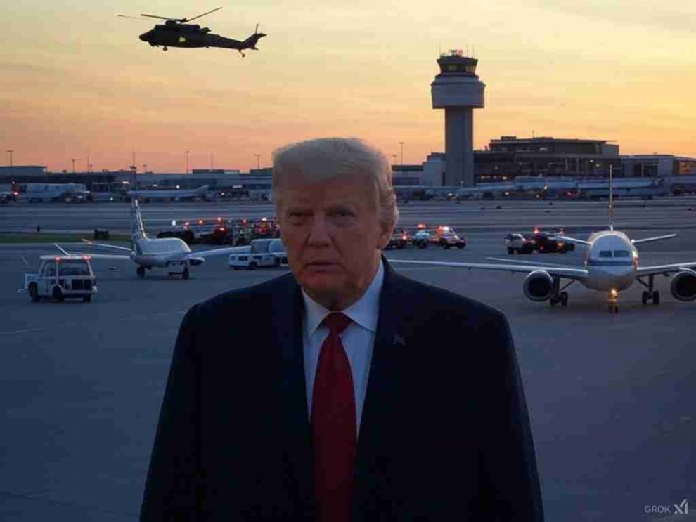 Una imagen dramática del Aeropuerto Nacional Ronald Reagan en Washington D.C., con una torre de control en el fondo y un avión de American Eagle en la pista. En el cielo, un helicóptero Black Hawk se muestra en una trayectoria descendente, sugiriendo el momento previo al accidente. La escena debe reflejar tensión y urgencia, con luces de emergencia en la pista y vehículos de rescate en movimiento. En la parte inferior, una representación de Donald Trump con un gesto serio, destacando su crítica a la gestión de la Torre de Control en la tragedia.