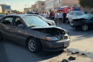 Una escena de un accidente de tránsito en la avenida Los Aviadores al amanecer. En la imagen, se observa una motocicleta caída en el asfalto, con señales de impacto, mientras un grupo de paramédicos atiende a una víctima en el suelo. Un vehículo se aleja en la distancia, sugiriendo la fuga del conductor responsable. La iluminación tenue de la mañana y el ambiente de emergencia transmiten la gravedad del incidente. Presencia de patrullas policiales y una ambulancia en el fondo, con conos de seguridad delimitando la zona del accidente.