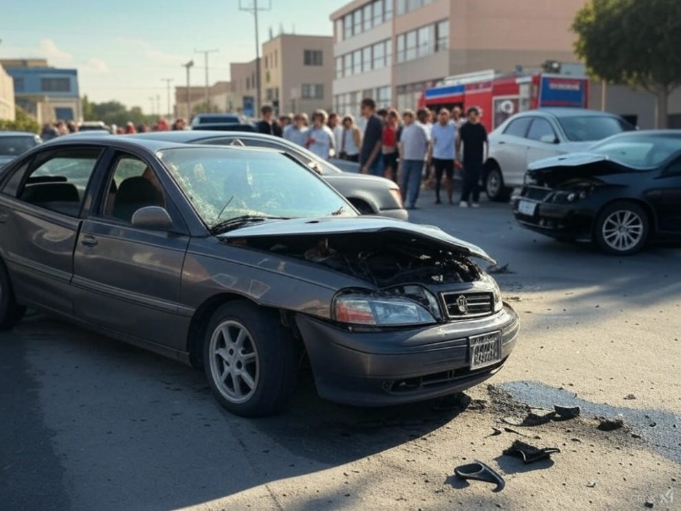 Una escena de un accidente de tránsito en la avenida Los Aviadores al amanecer. En la imagen, se observa una motocicleta caída en el asfalto, con señales de impacto, mientras un grupo de paramédicos atiende a una víctima en el suelo. Un vehículo se aleja en la distancia, sugiriendo la fuga del conductor responsable. La iluminación tenue de la mañana y el ambiente de emergencia transmiten la gravedad del incidente. Presencia de patrullas policiales y una ambulancia en el fondo, con conos de seguridad delimitando la zona del accidente.