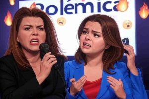 Una ilustración caricaturesca de Alicia Machado y Selena Gómez en una disputa mediática. Alicia Machado aparece con un micrófono, haciendo gestos exagerados mientras da su opinión, y Selena Gómez luce confundida y sorprendida con un teléfono en la mano, viendo las redes sociales explotar con comentarios. En el fondo, una pantalla gigante muestra la palabra ‘Polémica’ en letras llamativas, con emoticones de fuego y caras sorprendidas flotando a su alrededor. La escena tiene un estilo vibrante y cómico, con expresiones exageradas para resaltar el tono humorístico del debate en redes sociales