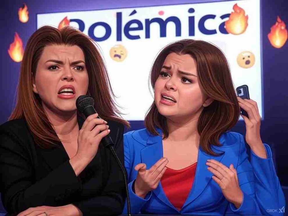 Una ilustración caricaturesca de Alicia Machado y Selena Gómez en una disputa mediática. Alicia Machado aparece con un micrófono, haciendo gestos exagerados mientras da su opinión, y Selena Gómez luce confundida y sorprendida con un teléfono en la mano, viendo las redes sociales explotar con comentarios. En el fondo, una pantalla gigante muestra la palabra ‘Polémica’ en letras llamativas, con emoticones de fuego y caras sorprendidas flotando a su alrededor. La escena tiene un estilo vibrante y cómico, con expresiones exageradas para resaltar el tono humorístico del debate en redes sociales