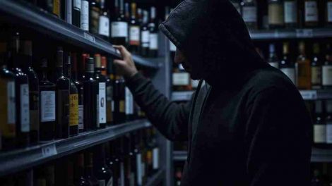 imagen de un ladron en una licoreria. El ladron se tapa el rostro