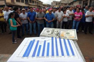 “Una gráfica ilustrativa sobre la inflación en Venezuela en enero de 2025. La imagen debe incluir elementos visuales que representen el aumento de precios, como billetes de bolívares devaluados, un gráfico de barras con tendencia alcista y una representación de un mercado con precios elevados. También debe destacar la relación con el dólar, mostrando un billete de dólar estadounidense en contraste con la moneda venezolana. El fondo debe reflejar un ambiente económico tenso, con colores sobrios y tonos que transmitan inestabilidad financiera.”