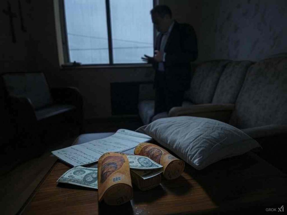 Una escena sombría en un apartamento en Caracas. Una vivienda con luces tenues y un ambiente lúgubre, reflejando el misterio de un crimen. En el centro, un documento manuscrito yace sobre una mesa junto a una almohada, insinuando la forma en que ocurrió el asesinato. En el fondo, un hombre con traje oscuro y expresión fría, representando la figura de un abogado, observa la escena con una mirada calculadora. La imagen transmite intriga y dramatismo, con un tono serio y realista.