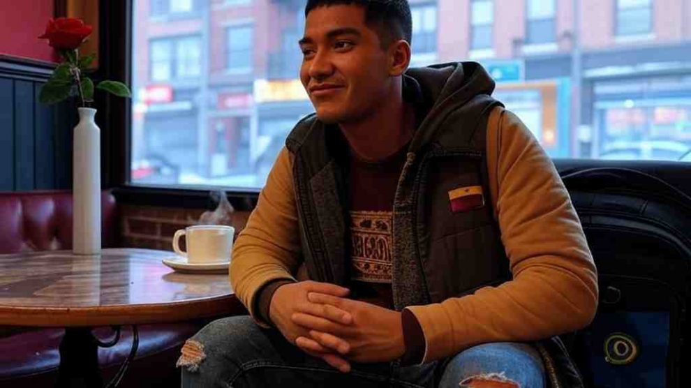 Un joven migrante venezolano, Romeo 2.0, está sentado en un pequeño café en el Bronx, Nueva York, en un ambiente acogedor con luces tenues y decoración romántica por San Valentín. Tiene unos 25 años, piel trigueña, cabello negro corto y viste una chaqueta casual con jeans. En la mesa hay una taza de café humeante y un teléfono con una conversación de WhatsApp abierta. Frente a él, un periodista con libreta en mano lo entrevista. Romeo sonríe con nostalgia mientras habla, mirando hacia la ventana donde se ven edificios de ladrillo típicos del Bronx y algunas luces de neón reflejadas en el vidrio. El ambiente es invernal, con personas caminando afuera con abrigos. Pequeños detalles como una rosa en la mesa y una bandera venezolana en su mochila agregan profundidad a la historia. Estilo realista con tonos cálidos y detalles cinematográficos.