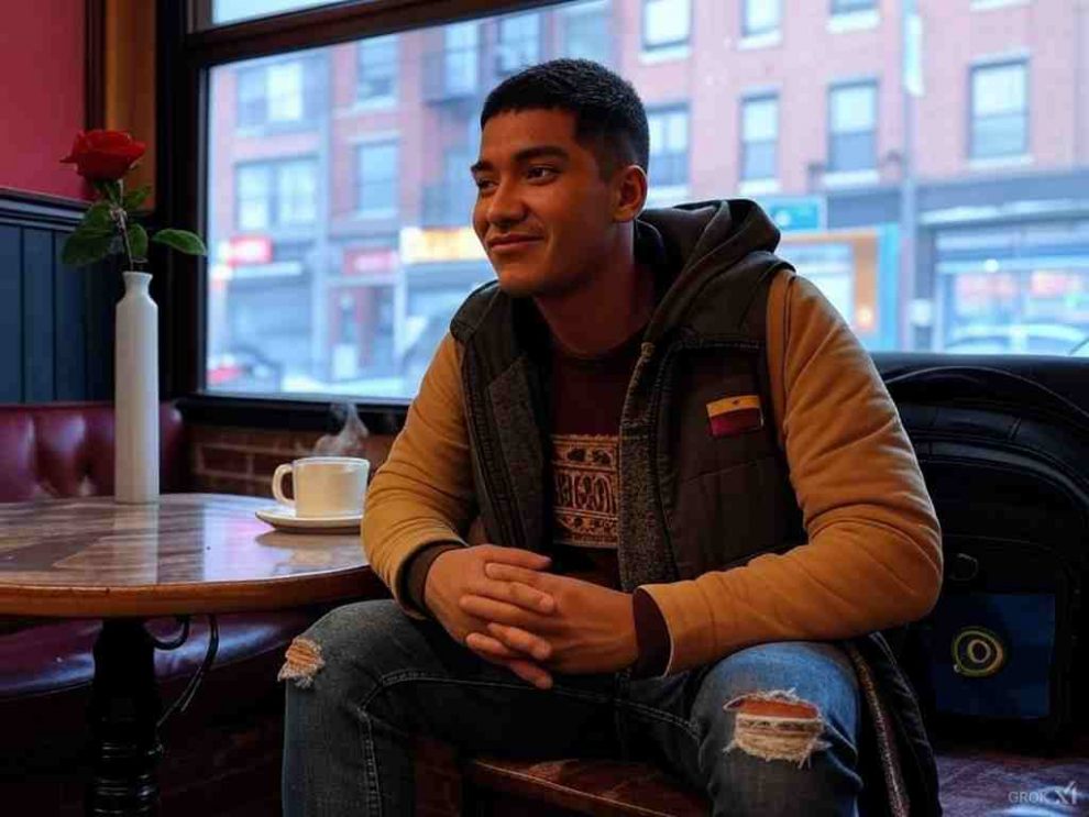 Un joven migrante venezolano, Romeo 2.0, está sentado en un pequeño café en el Bronx, Nueva York, en un ambiente acogedor con luces tenues y decoración romántica por San Valentín. Tiene unos 25 años, piel trigueña, cabello negro corto y viste una chaqueta casual con jeans. En la mesa hay una taza de café humeante y un teléfono con una conversación de WhatsApp abierta. Frente a él, un periodista con libreta en mano lo entrevista. Romeo sonríe con nostalgia mientras habla, mirando hacia la ventana donde se ven edificios de ladrillo típicos del Bronx y algunas luces de neón reflejadas en el vidrio. El ambiente es invernal, con personas caminando afuera con abrigos. Pequeños detalles como una rosa en la mesa y una bandera venezolana en su mochila agregan profundidad a la historia. Estilo realista con tonos cálidos y detalles cinematográficos.