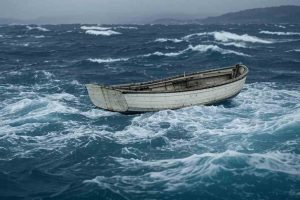 Imagen de un bote naufragando en el mar caribe por fuerte oleaje