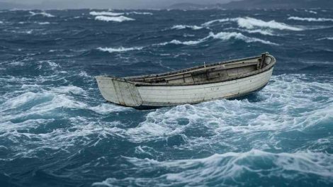 Imagen de un bote naufragando en el mar caribe por fuerte oleaje