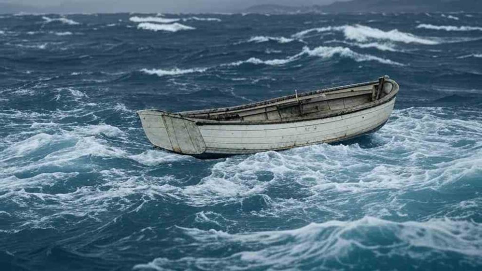 Imagen de un bote naufragando en el mar caribe por fuerte oleaje