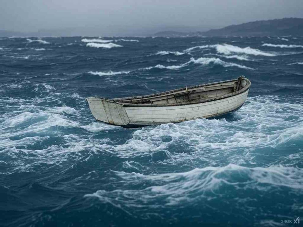 Imagen de un bote naufragando en el mar caribe por fuerte oleaje