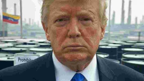 “Una imagen impactante que represente la decisión de Donald Trump de prohibir la compra de petróleo venezolano. La ilustración debe mostrar una refinería de petróleo con la bandera de Venezuela en el fondo, mientras una gran señal de ‘Prohibido’ o ‘No permitido’ aparece sobre barriles de crudo. En un recuadro, se puede incluir a Donald Trump con gesto serio, enfatizando su postura firme. La imagen debe transmitir una sensación de restricción y tensión comercial entre Estados Unidos y Venezuela.”