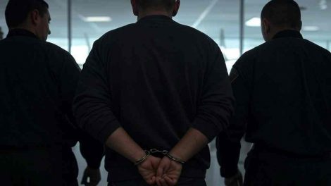 una imagen impactante que represente la captura y deportación de un peligroso homicida del Tren de Aragua. No se deben mostrar rostros. La escena debe mostrar a un hombre esposado (de espaldas) y escoltado por agentes de seguridad en un aeropuerto o un centro de detención migratorio, con un avión en segundo plano listo para su deportación. La imagen debe transmitir seriedad, reflejando la lucha contra el crimen organizado. Evita detalles faciales reconocibles y mantén un tono informativo y profesional.