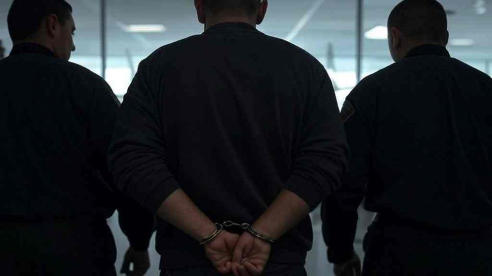 una imagen impactante que represente la captura y deportación de un peligroso homicida del Tren de Aragua. No se deben mostrar rostros. La escena debe mostrar a un hombre esposado (de espaldas) y escoltado por agentes de seguridad en un aeropuerto o un centro de detención migratorio, con un avión en segundo plano listo para su deportación. La imagen debe transmitir seriedad, reflejando la lucha contra el crimen organizado. Evita detalles faciales reconocibles y mantén un tono informativo y profesional.