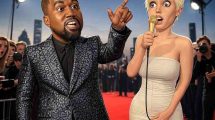 Bianca Censori y Kanye West caricatura alfombra roja