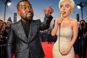 Bianca Censori y Kanye West caricatura alfombra roja