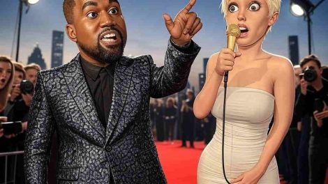 Bianca Censori y Kanye West caricatura alfombra roja
