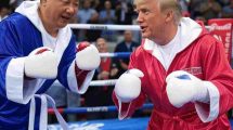 una imagen humorística donde están Donald Trump y Xi Jinping montados en un ring de boxeo. AI