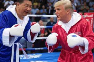 una imagen humorística donde están Donald Trump y Xi Jinping montados en un ring de boxeo. AI