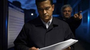 Ilustración realista de un agente de inmigración de EE.UU. en un ambiente urbano, revisando documentos de un inmigrante mientras un civil señala con discreción. De fondo, una cartelera con la frase ‘Recompensa por información’. La imagen debe transmitir tensión y controversia, reflejando el impacto de las nuevas políticas migratorias en Estados Unidos. Ambiente serio, con tonos fríos y luces de patrullas en la escena