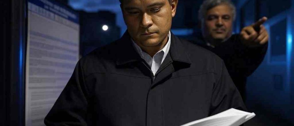 Ilustración realista de un agente de inmigración de EE.UU. en un ambiente urbano, revisando documentos de un inmigrante mientras un civil señala con discreción. De fondo, una cartelera con la frase ‘Recompensa por información’. La imagen debe transmitir tensión y controversia, reflejando el impacto de las nuevas políticas migratorias en Estados Unidos. Ambiente serio, con tonos fríos y luces de patrullas en la escena