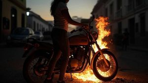 una mujer incendia una moto en una calle de Venezuela