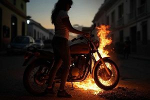 una mujer incendia una moto en una calle de Venezuela