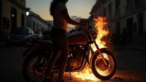 una mujer incendia una moto en una calle de Venezuela