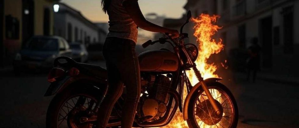 una mujer incendia una moto en una calle de Venezuela