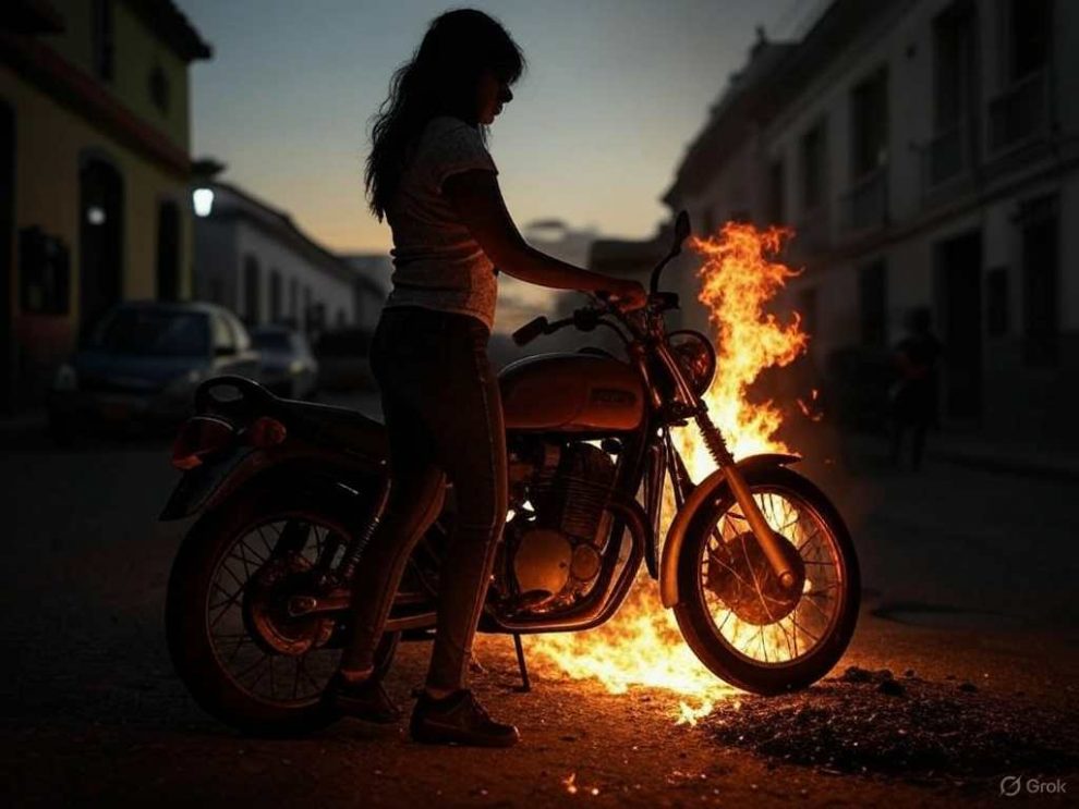 una mujer incendia una moto en una calle de Venezuela