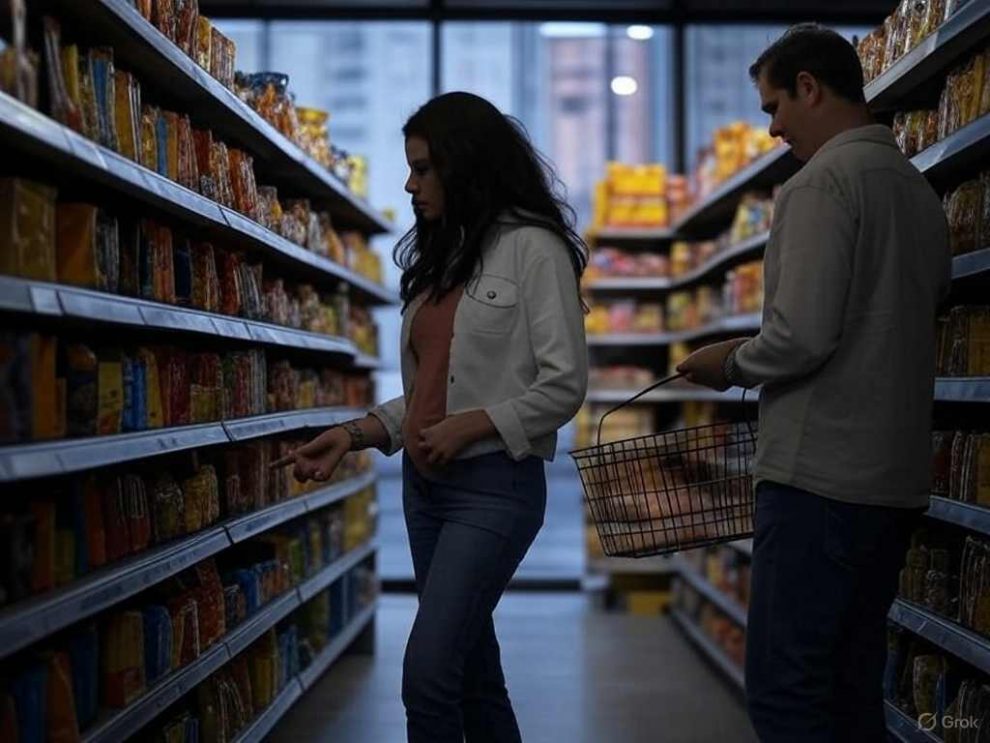 Canasta alimentaria en Venezuela. Una pareja hace compras en un supermercado