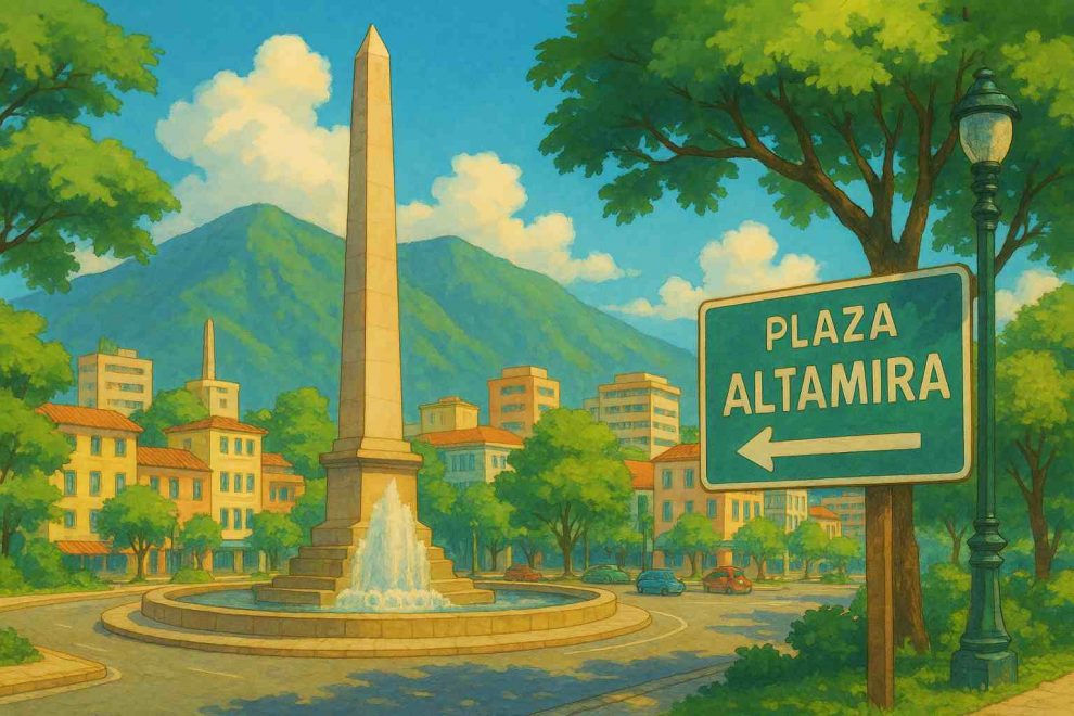 imagen de la plaza altamira en Caracas. Pero le vas a dar una estetica que esté en tendencia como la de estudios Ghibli