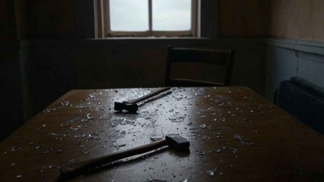 Un machete y martillo están en una mesa